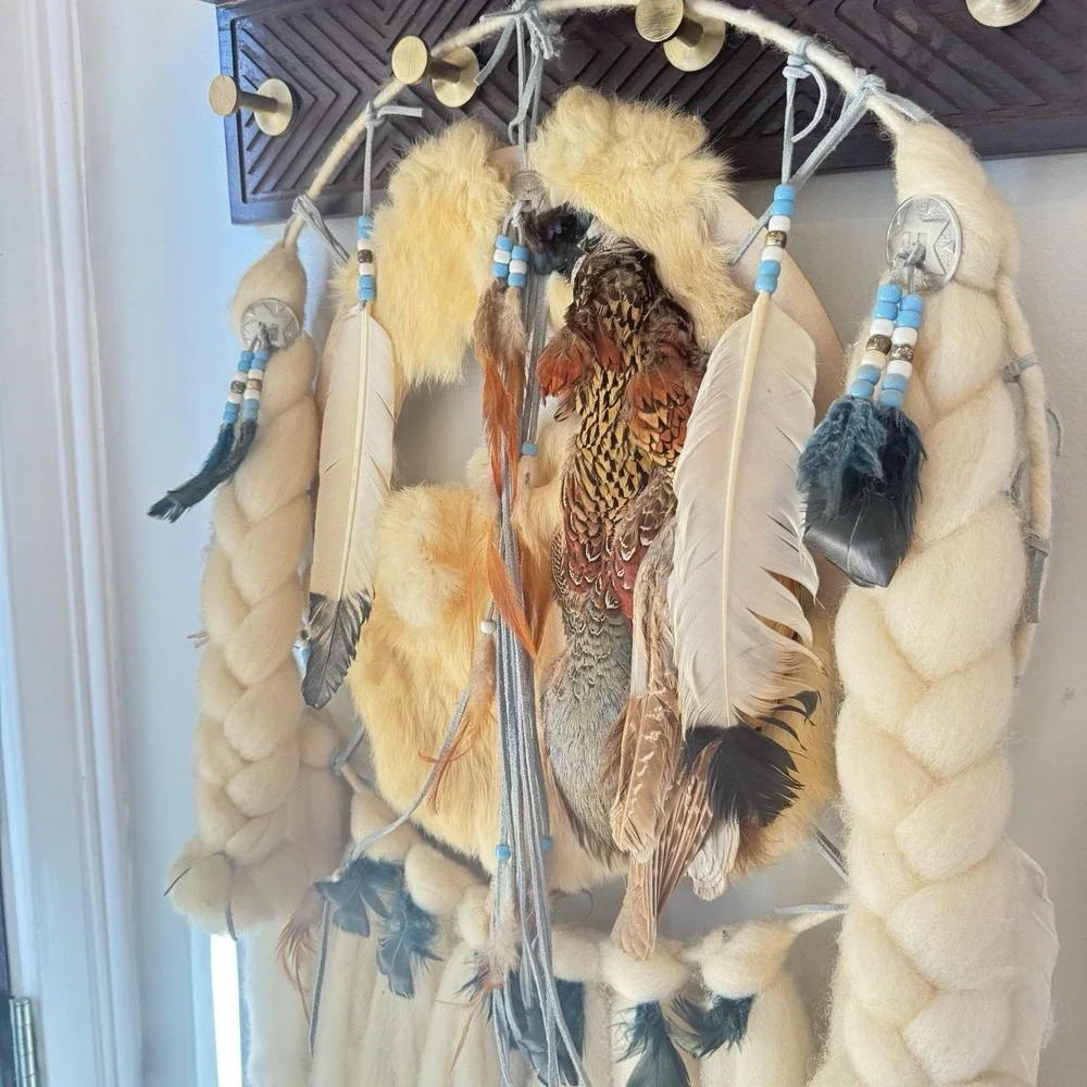 Vintage Native Large Dream Catcher‎ Wall Hanging Fur Feathers 41